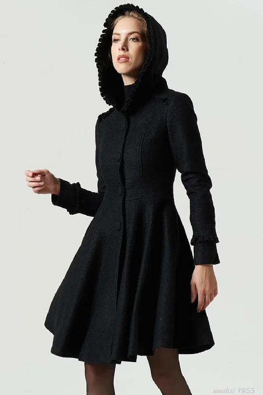 short black wool coat with ruffle details 1955 Belted Crossover Blazer