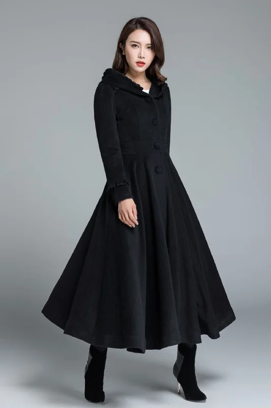 Black wool winter princess coat 1649# Vintage Suede Jacket