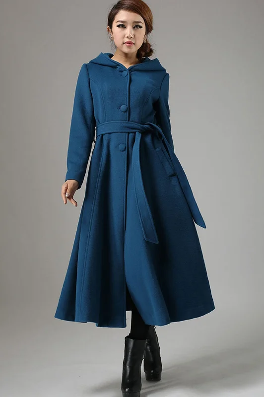 Blue wool swing coat - womens long coat with warm hood 0739# Belted Wool Overcoat