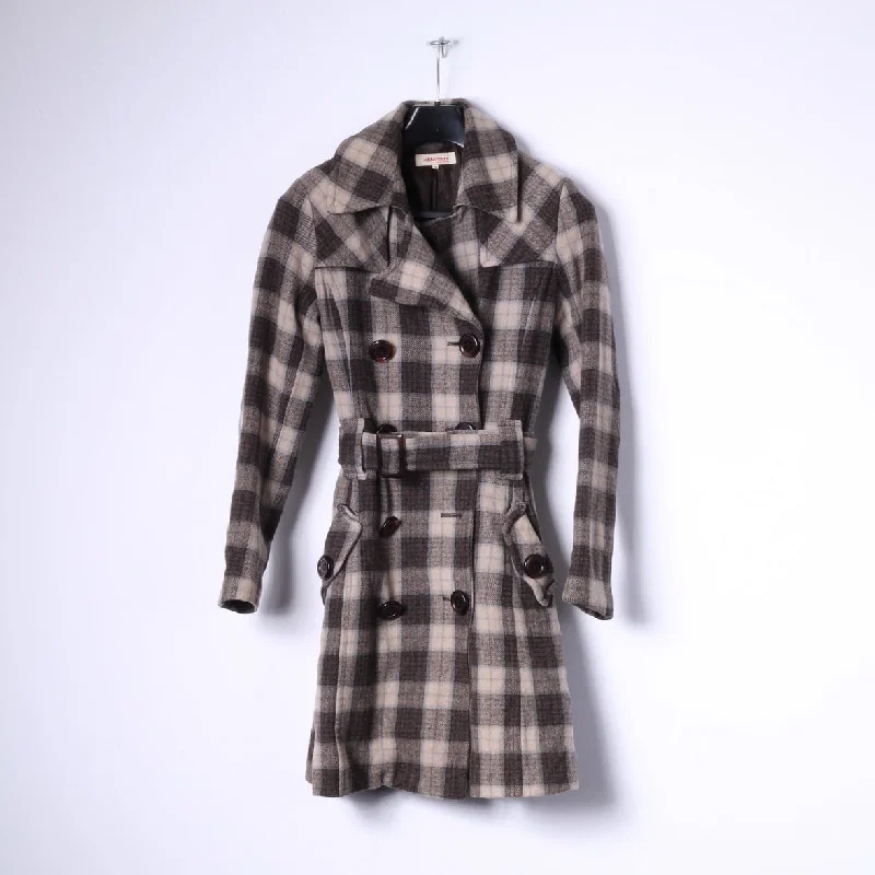 Kenvelo Womens S Coat Brown Check Wool Double Breasted Belted Classic Top Stretch Fit Moto Jacket