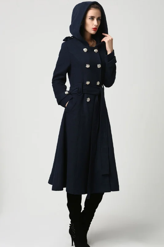 Women's military wool coat with hood  in navy blue 1114# Warm Hooded Poncho