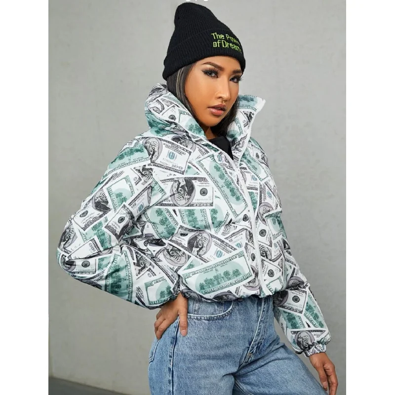 Dollar Print Zip Up Puffer Coat Waterproof Hiking Jacket