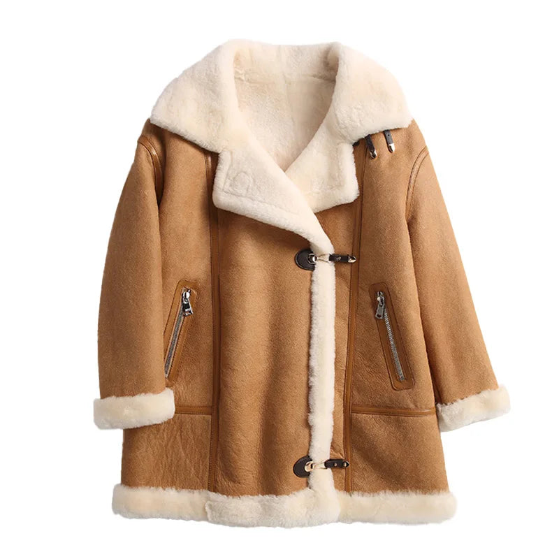 Genuine Leather Ladies Sheepskin Shearling Leather Coat (Camel/Beige) Elegant Wool Jacket