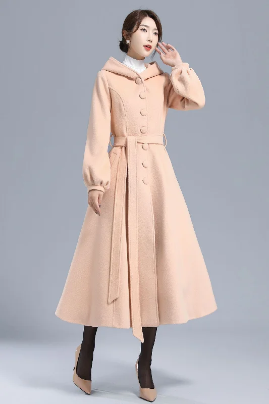 Hooded Lantern Sleeve Long Wool Coat 3210 Drape Front Waterfall Coat