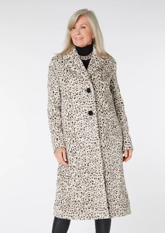 Lila Snow Leopard Faux Fur Coat - sizes 14, 16 Vegan Leather Trench