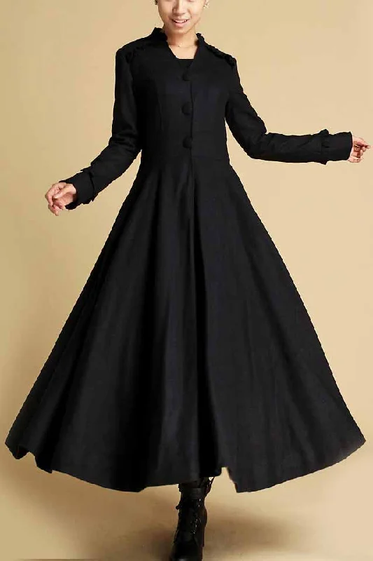 Womne's Long Swing Black wool Coat 0355# Sporty Zip-Up Jacket