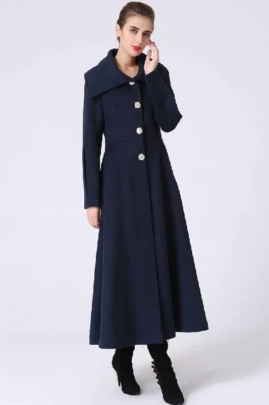 Long Blue Winter wool Coat with big collar 1054# Double-Breasted Trench