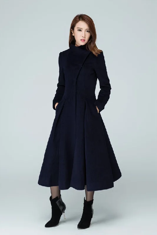 Long trench coat, navy coat, womens coats, swing coat 1605# Hooded Parka Coat