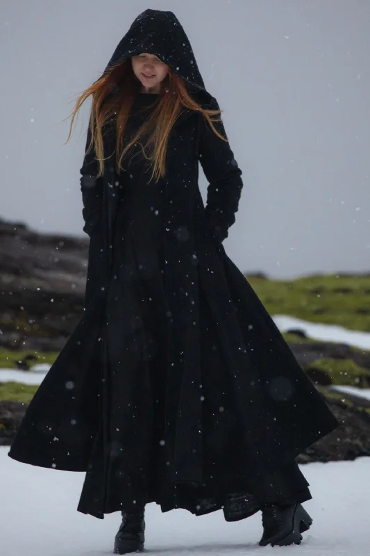 winter maxi hooded black wool coat 1958# Draped Collar Cardigan