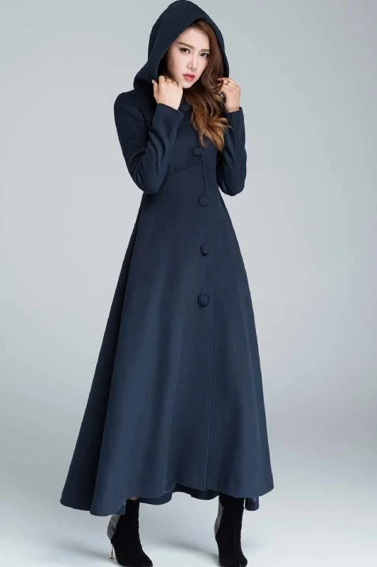 Navy blue maxi wool coat with hood 1637# Modern Asymmetric Coat
