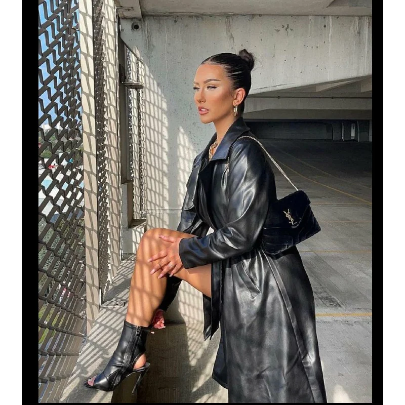 Maxi Pu Leather Tranche Coat A-Line Swing Coat