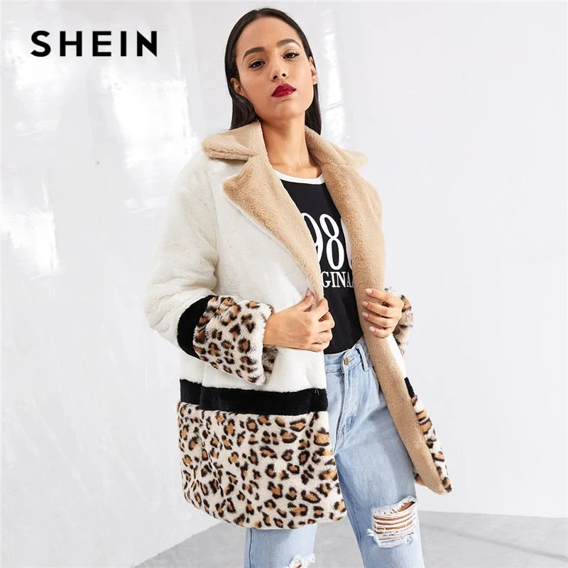 Multicolor Highstreet Cut and Sew Leopard Panel Faux Fur Teddy Coat Fuzzy Sherpa Pullover