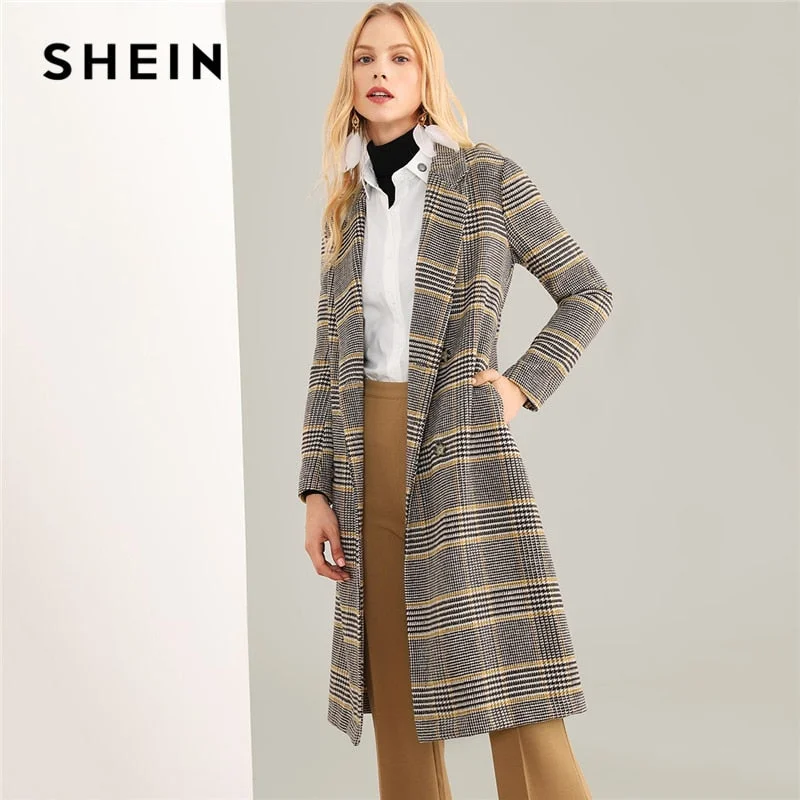 Multicolor Notched Neck Plaid Coat Highstreet Long Sleeve Outerwear Stretchy Active Jacket