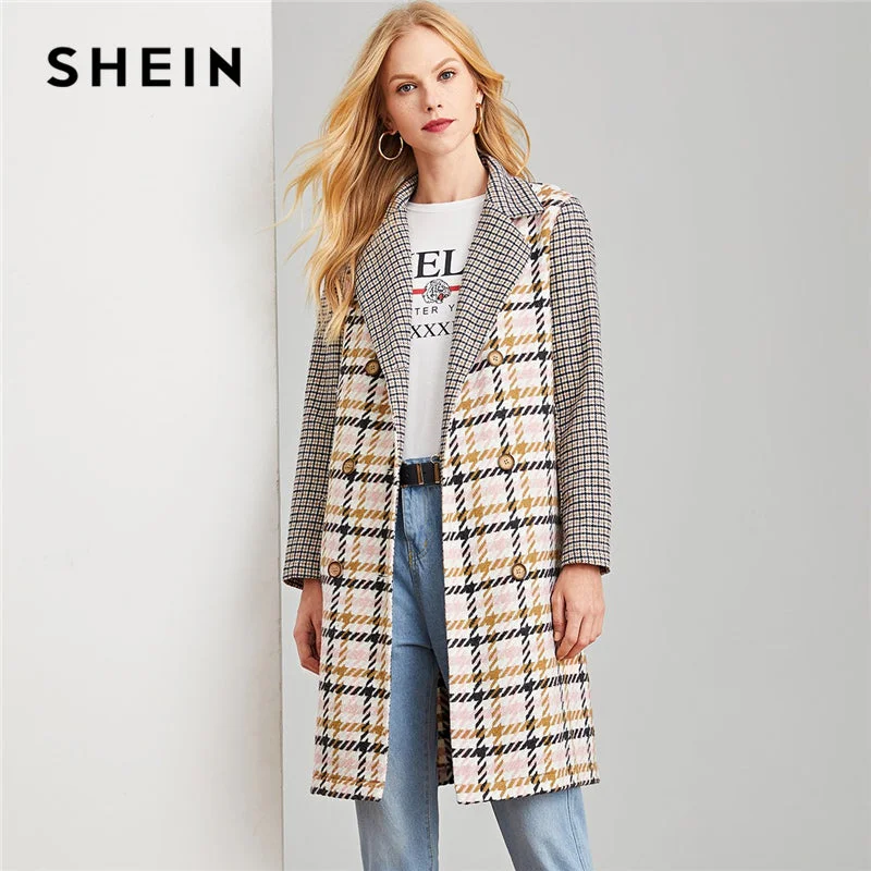 Multicolor Office Lady Elegant Double Breasted Notched Neck Plaid Coat Embroidered Kimono Coat