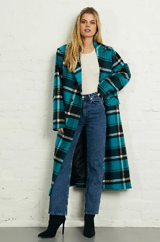 Double Breasted Long Coat in Blue and Black Check Insulated Snow Jacket
