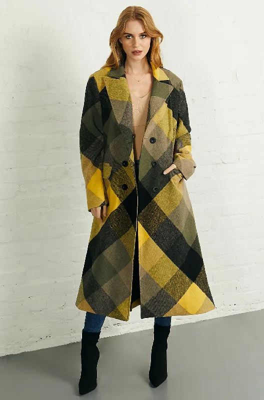 Double Breasted Long Coat in Yellow Black Check High-Collar Puffer Coat