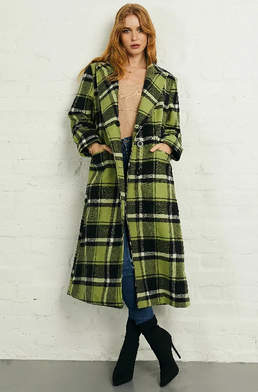 Double Breasted Long Coat in Green Black Check Long Hooded Anorak