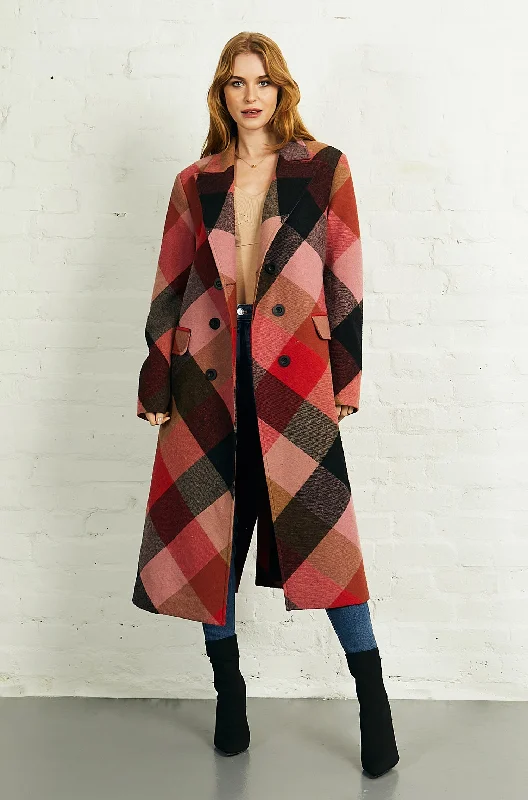 Double Breasted Long Coat in Bias Red Check Casual Open-Front Coat