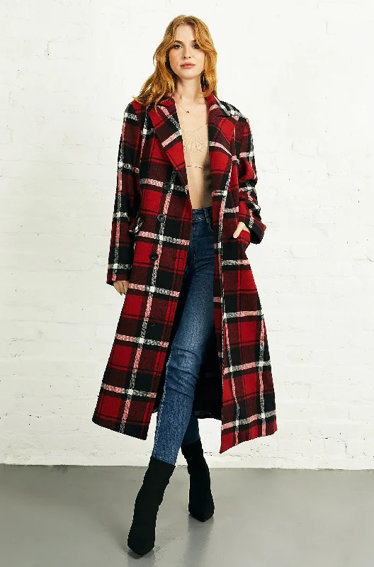 Double Breasted Long Coat in Red Black Check Plush Faux Fur Bolero