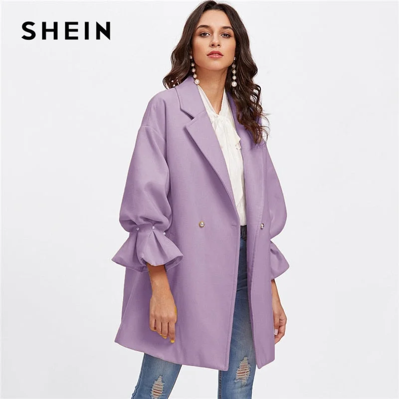 Pur Drop Shoulder Pearl Detail Ruffle Cuff Solid Coat Lightweight Utility Jacket
