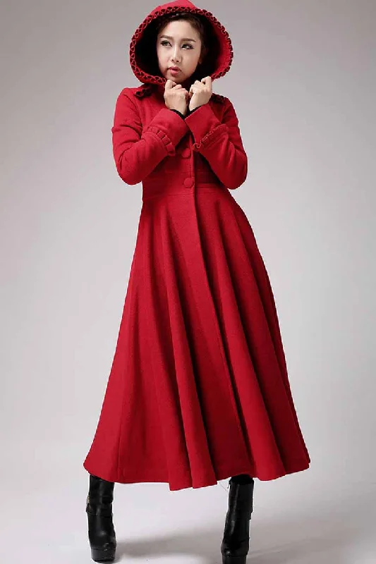 Red long  fit and flare hooded wool coat  0702# A-Line Swing Coat