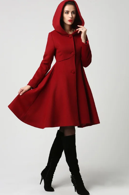 Red wool coat with big hood swing coat 1117 Plush Faux Fur Bolero
