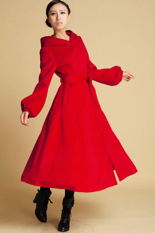 Red Wool Swing Coat with big hood 394 Trendy Puffer Vest