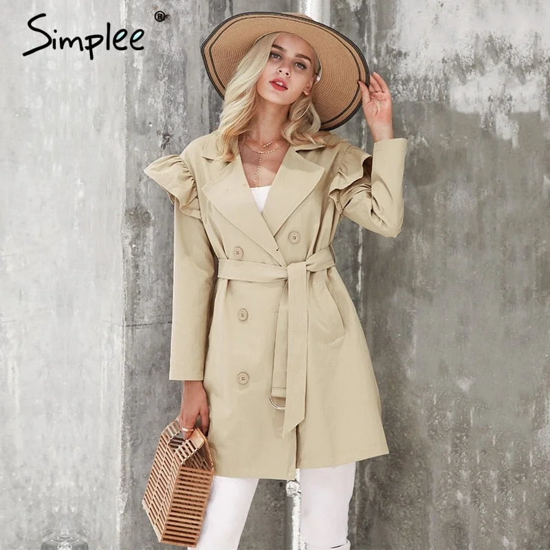 Ruffle trench coat women outerwear & coats Autumn sash pocket streetwear trench Minimalist Wool Duster
