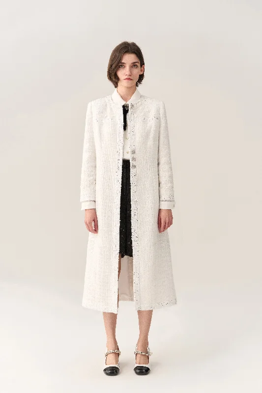Sequin & Lace Detail Tweed Maxi Coat Luxury Cashmere Wrap