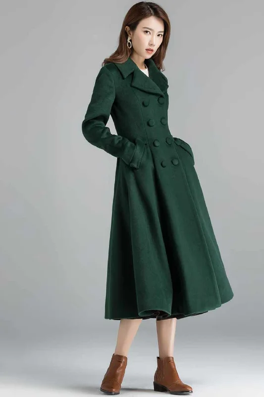 Vintage inspired Long wool green coat  2398 Fleece Lined Windbreaker