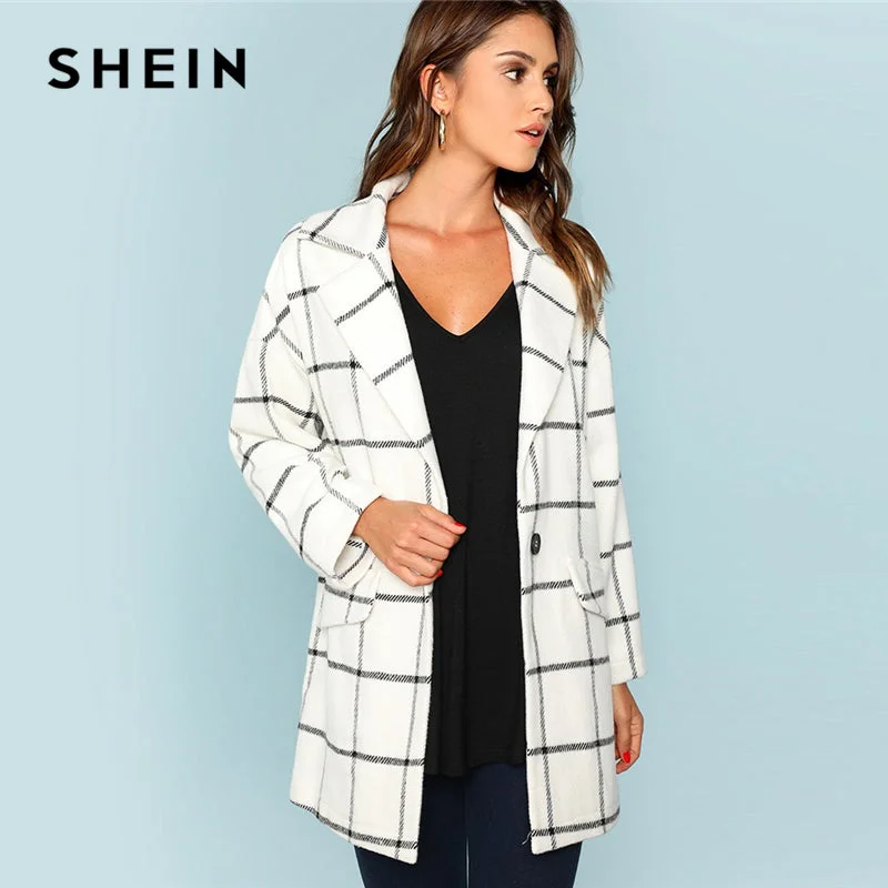 White Single Button Waterfall Grid Coat Fleece Lined Windbreaker