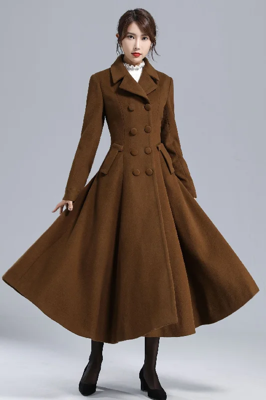 Women's Brown Long Wool Coat 3238 Stretchy Active Jacket