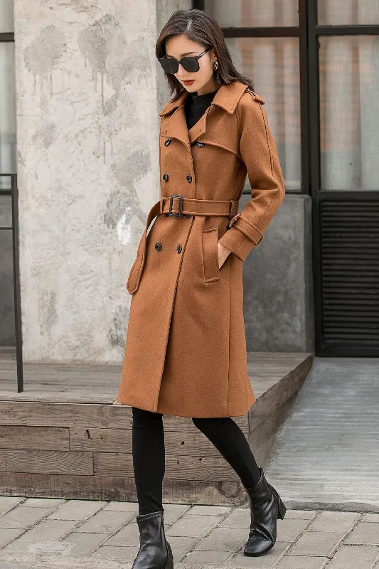 Double-breasted Camel Wool Military Coat Women 2840 Classic Trench Coat