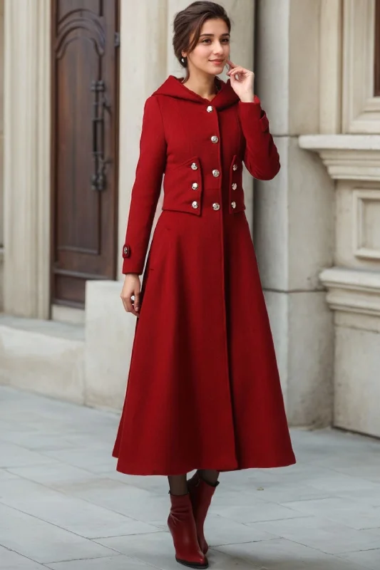 Womens Long Red Wool Coat with Hood 1107# Chic Winter Coat