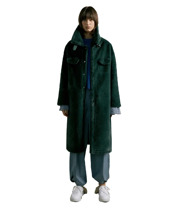 Coco Collar Long Fur Coat - Green Vegan Leather Trench