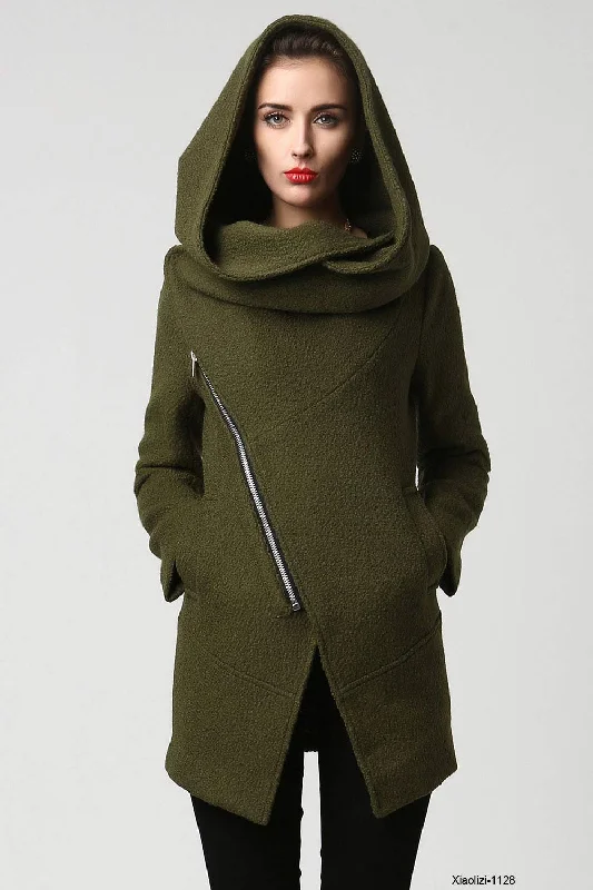 Womens Short Green Wool Coat with Oversized Hood  1128# Bold Color Block Coat
