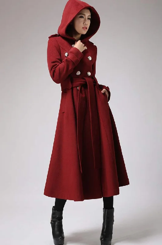 Womens's hooded Military coat in Red 0705# Puff Shoulder Coat