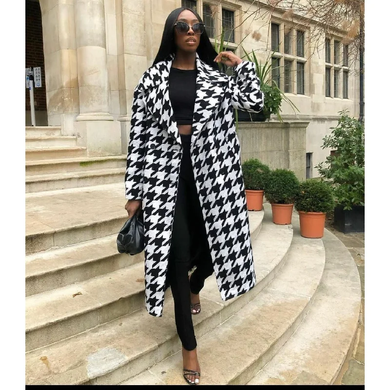 Houndstooth Pattern Knitted Coat Plaid Checkered Coat