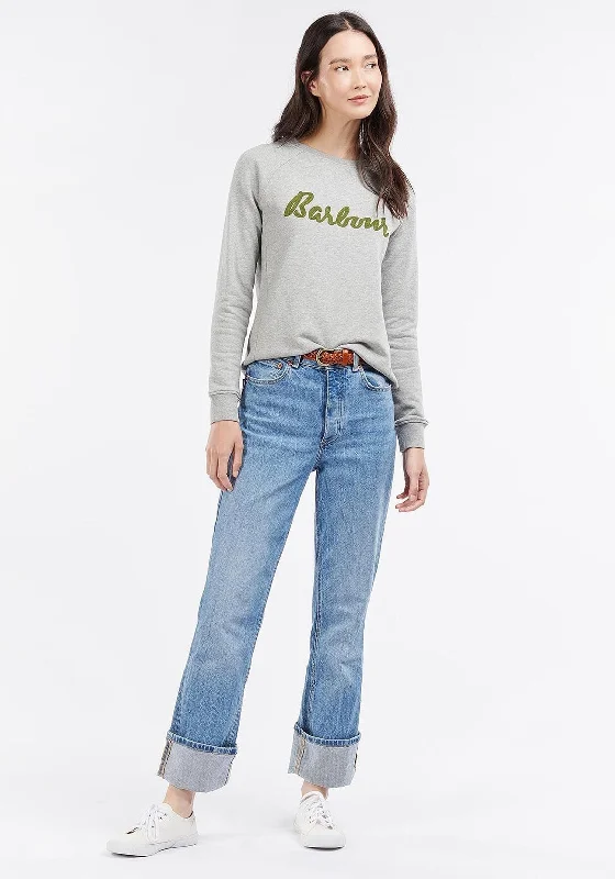 Barbour Womens Otterbrun Woven Brand Sweatshirt, Grey Hoodie with Tied Waist Feminine Flattering