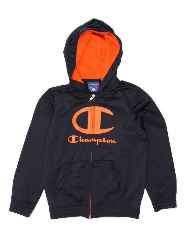 CHAMPION Boys Graphic Hoodie Jumper 7-8 Years  Small Navy Blue Polyester Hoodie with Mock Neck Collared Structured