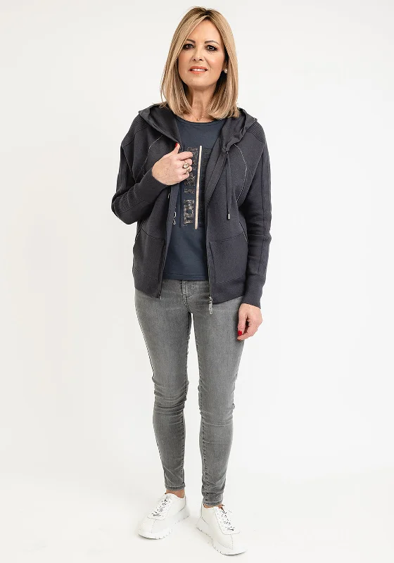 Monari Rhinestone Trim Light Knit Hoodie, Charcoal Hoodie with Zipper Versatile Modern