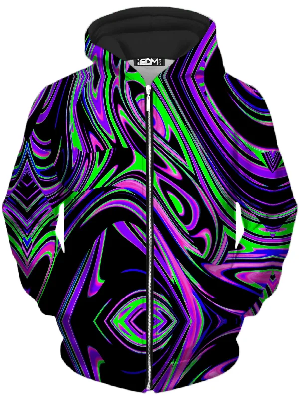 Violet and Lime Blackout Drip Unisex Zip-Up Hoodie Hoodie with Hem Patch Decorative Personalized