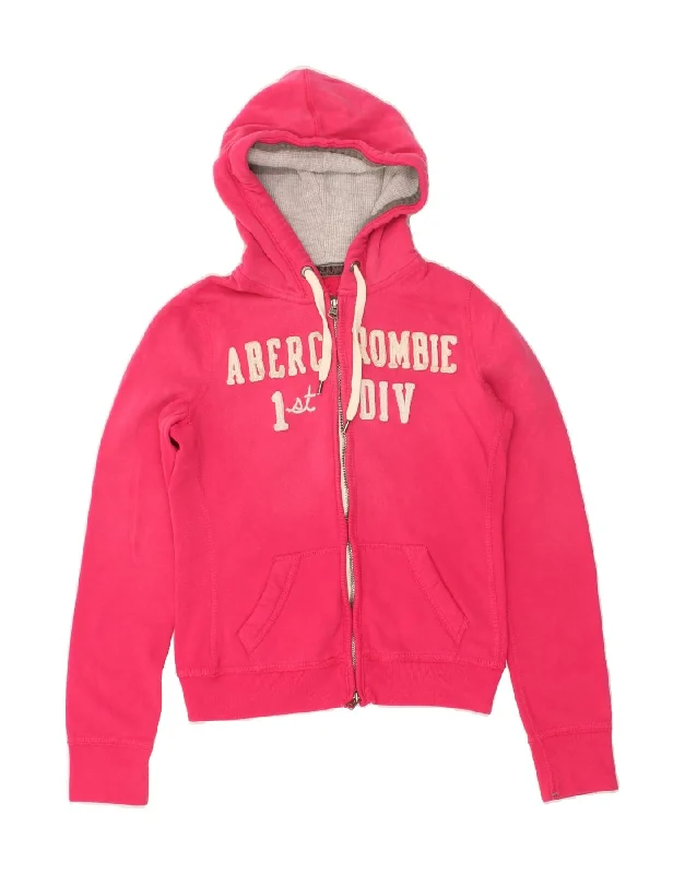 ABERCROMBIE & FITCH Womens Graphic Zip Hoodie Sweater UK 12 Medium Pink Ribbed Striped Patterned