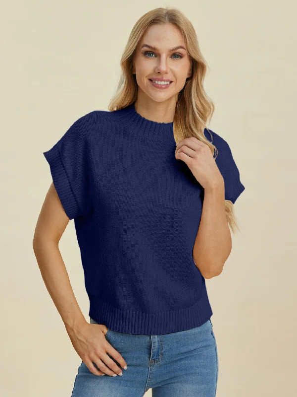 Double Take Full Size Mock Neck Short Sleeve Sweater Notch Collar Peter Pan Collar Cowl Neck