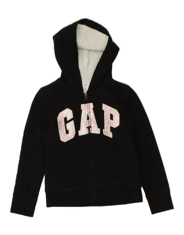 GAP Girls Graphic Zip Hoodie Sweater 9-10 Years Large Black Cotton Cashmere Blend Cotton Blend Poly Blend