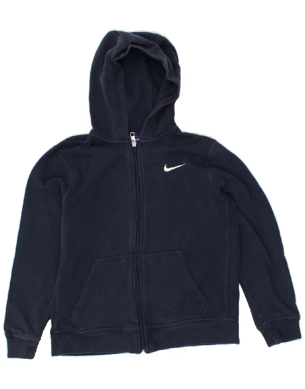 NIKE Girls Zip Hoodie Sweater 12-13 Years Large  Navy Blue Cotton Fitted Slim Tailored