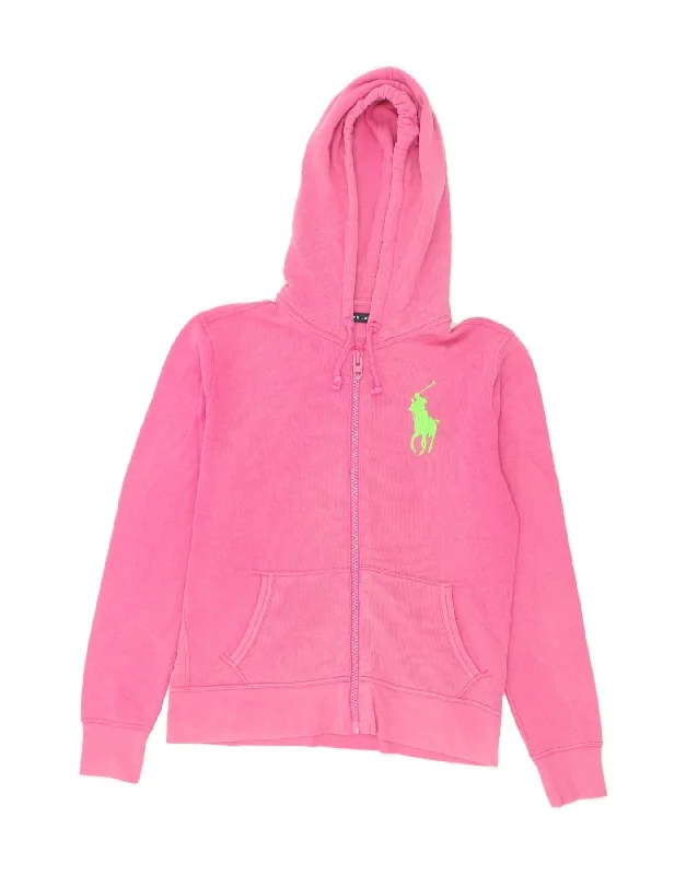 RALPH LAUREN Womens Zip Hoodie Sweater UK 14 Medium Pink Cotton Machine Wash Dry Clean Hand Wash
