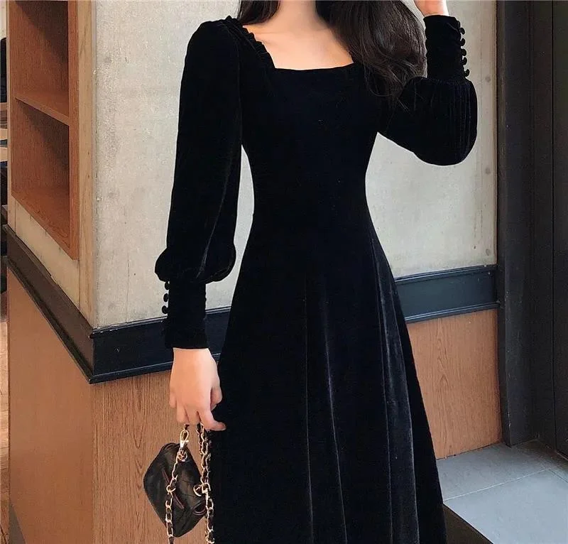 Autumn and Winter Gold Velvet Women Dress French Retro Square Collar Waist Office Tunics Modern contemporary