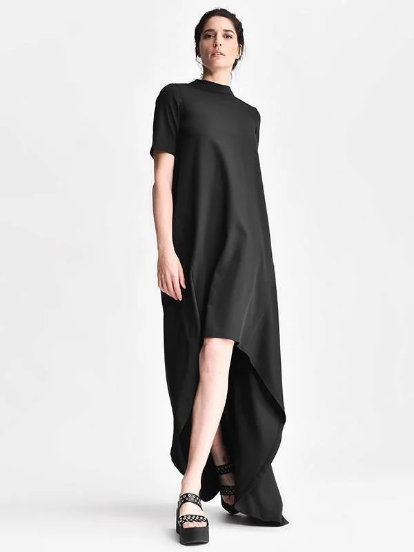 Black Short Sleeves Long Dress Crew Neckline Casual