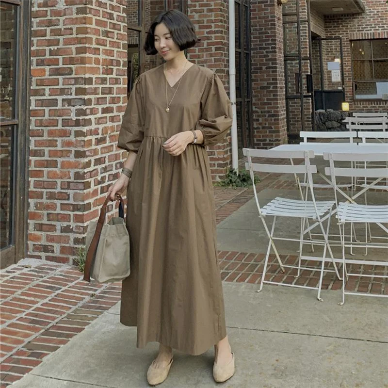 Casual Vintage Women Lantern Sleeves Fall Long Dress Tunics Bridal satin